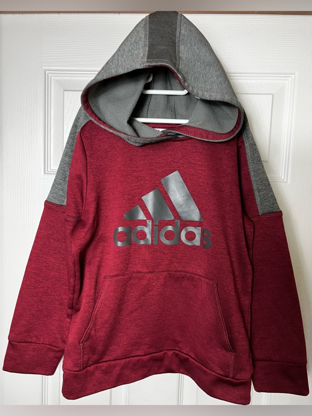 Kids Adidas Hoodie Sweatshirt Fleece Lined Burgundy Red/Grey Youth Boys Size 7